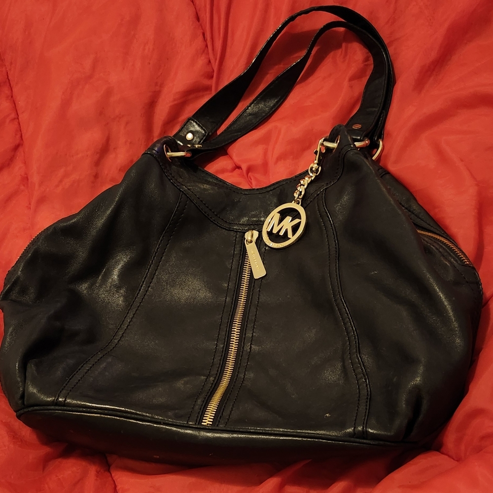KORS Michael Kors Black Leather Shoulder Bag with Gold MK Charm